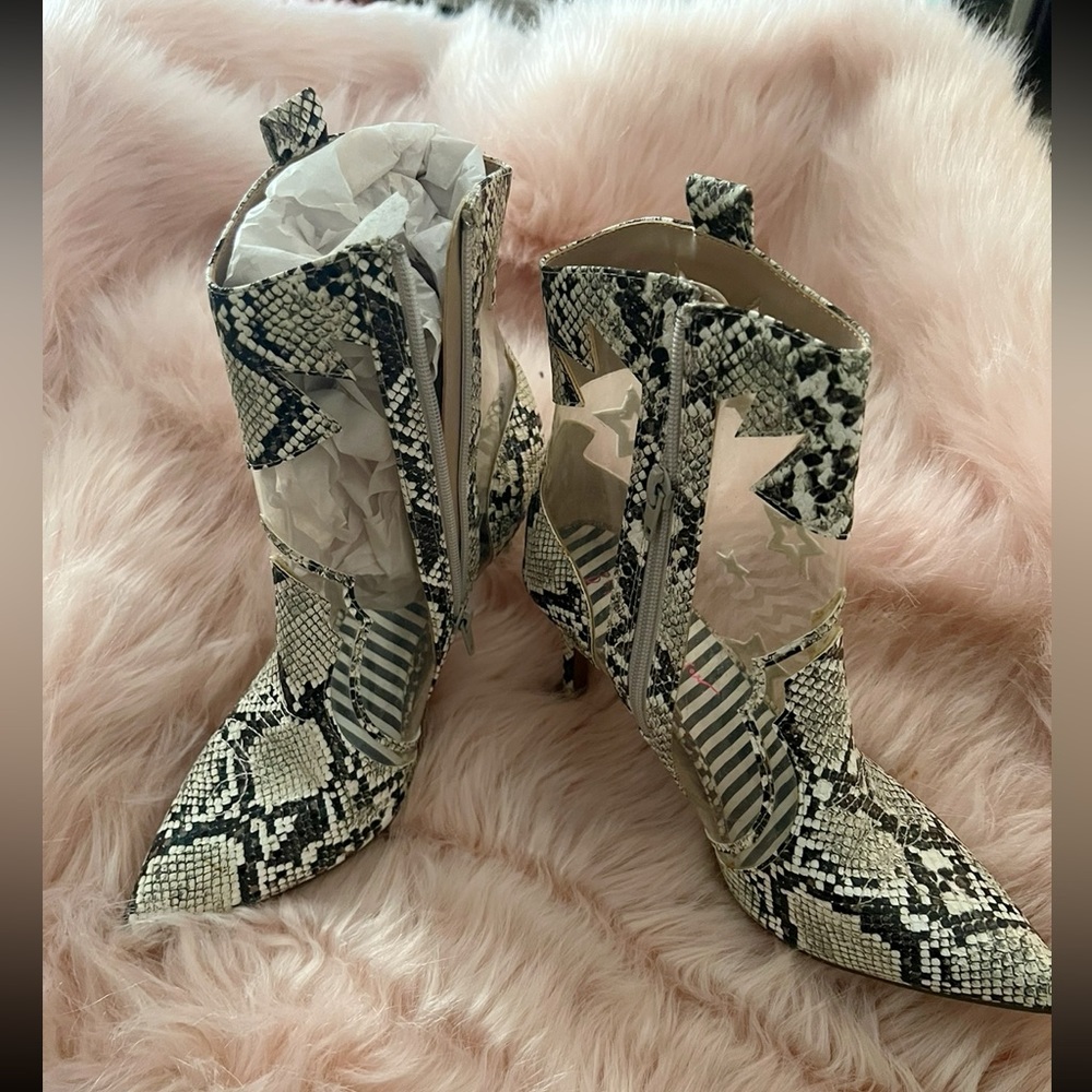 Betsey Johnson snake and clear zip up booties.